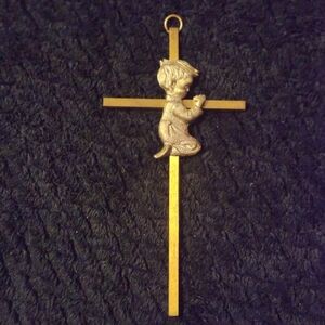 Vintage Gold Tone Cross Pendant with Praying Boy Accent